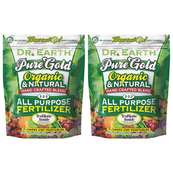 Two 8lb bags of Dr. Earth Pure Gold Organic 2-2-2 All-purpose Fertilizer, ideal for flowers and vegetables, with TruBiotic for enhanced growth.